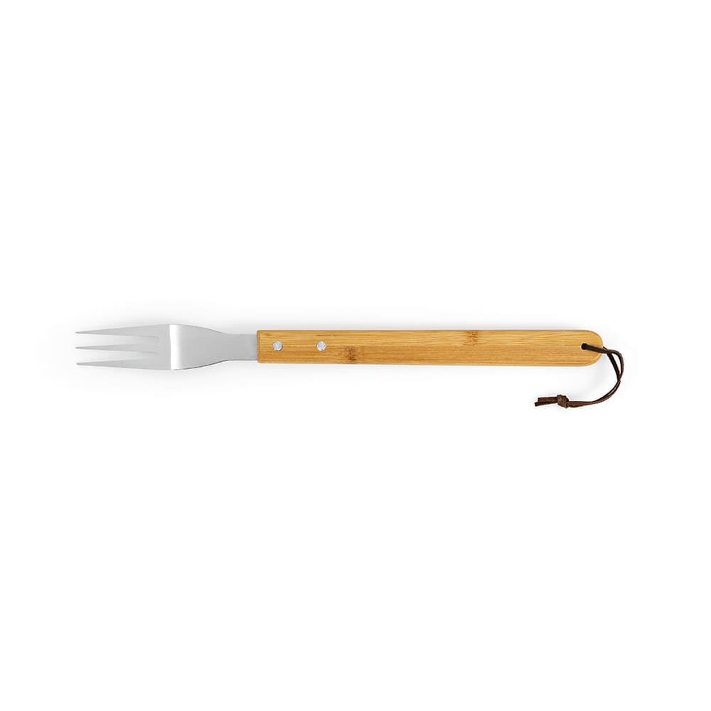 A barbecue fork with a bamboo handle and a stainless steel prong, featuring a leather loop for hanging.