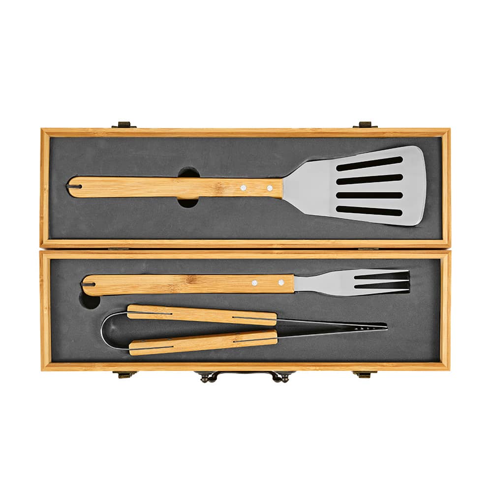 A bamboo barbecue set with a spatula, fork, and tongs, housed in a wooden case.