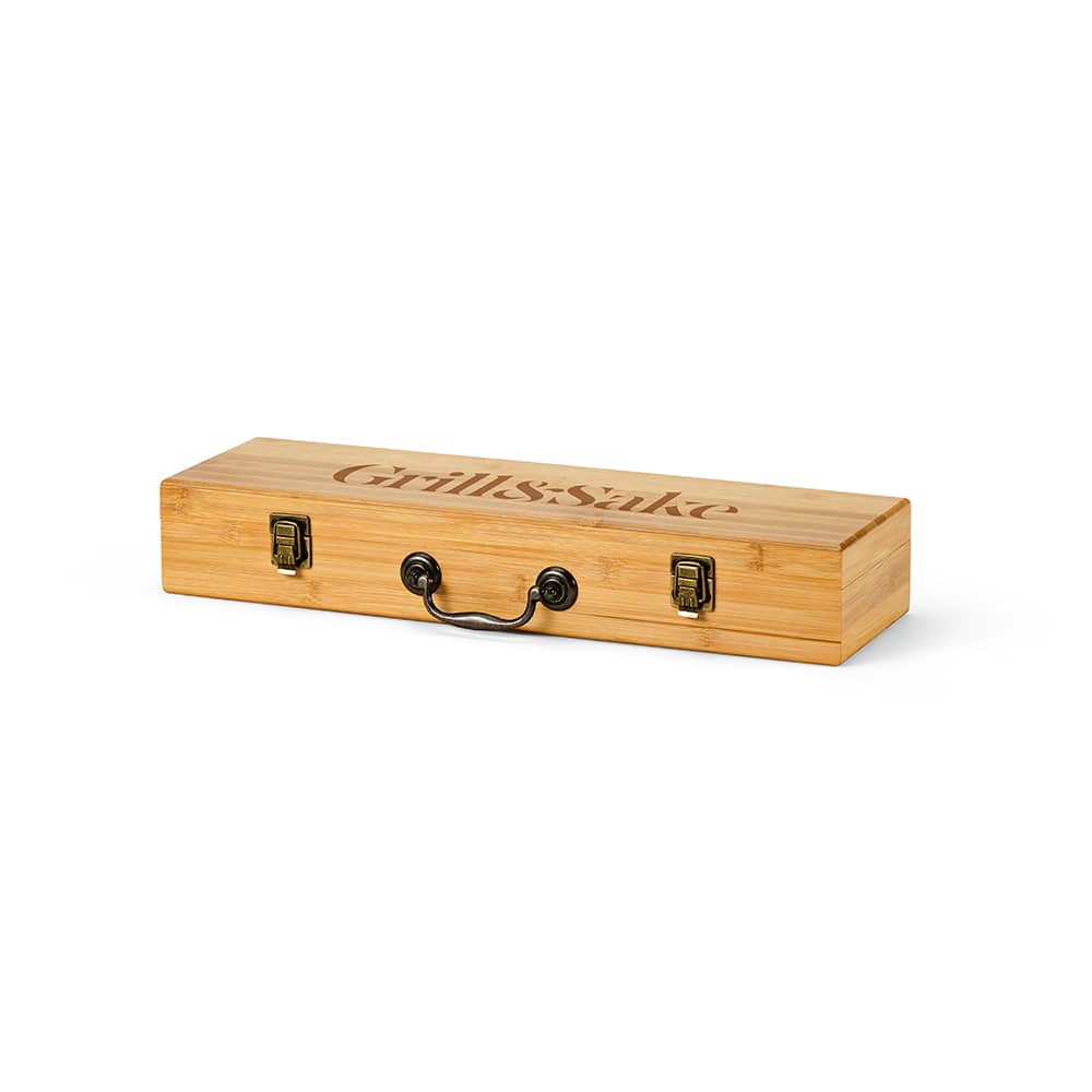 A bamboo case featuring a handle and branding, designed to hold barbecue utensils.