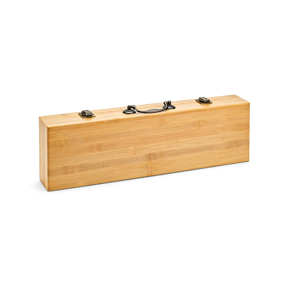 A bamboo case with metal clasps and a handle, designed to hold barbecue tools.