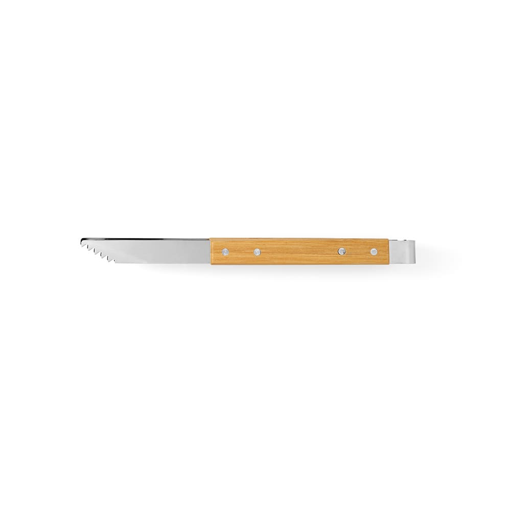 A stainless steel barbecue spatula with a bamboo handle, featuring three rivets for added grip and durability.