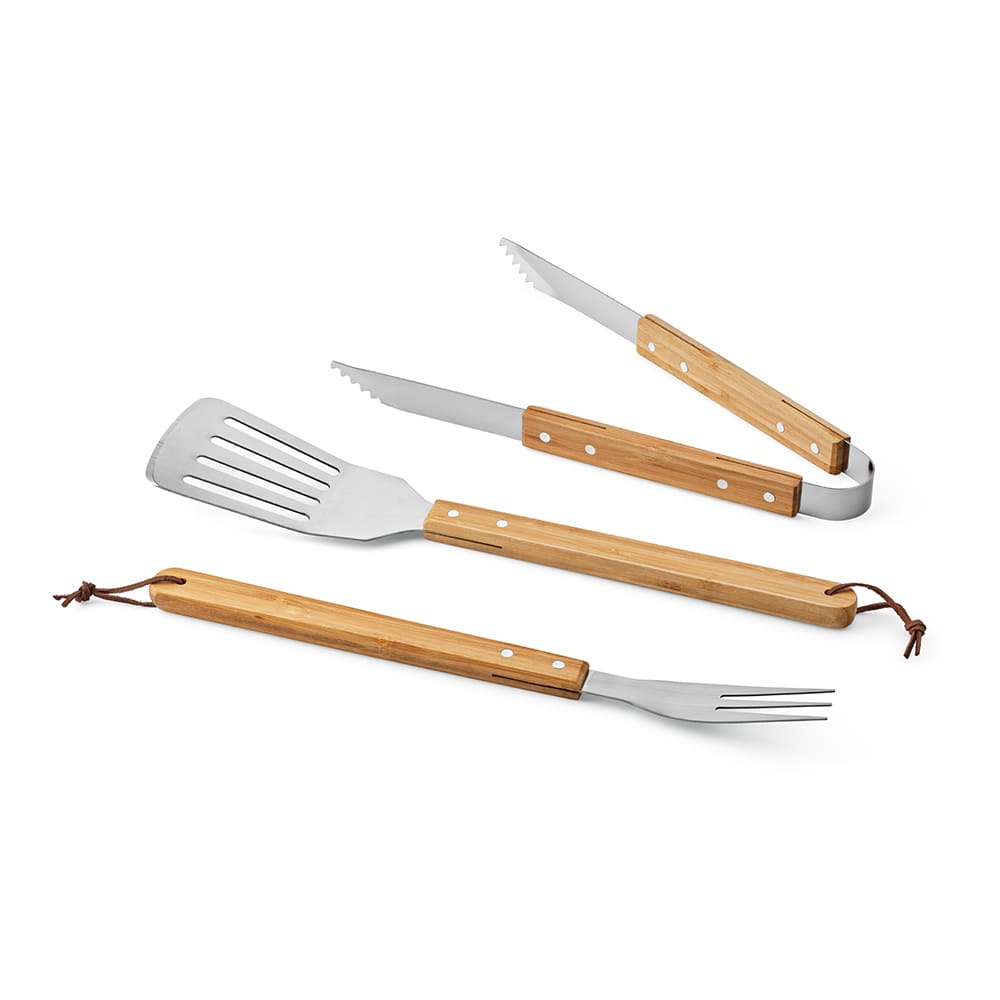 A bamboo barbecue set featuring a spatula, fork, tongs, and grill brush with stainless steel tools and a case.