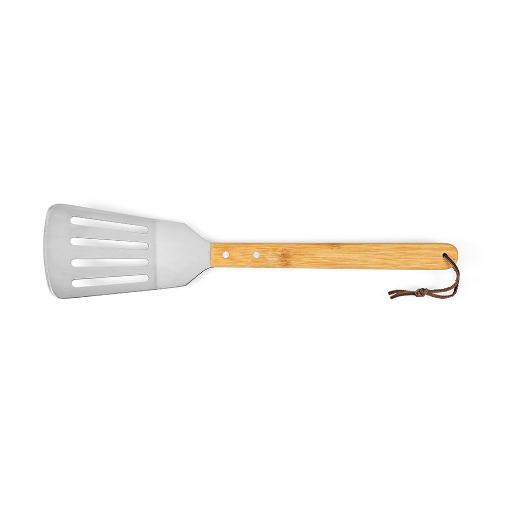 A spatula with a bamboo handle and stainless steel head, featuring a hanging loop for storage.