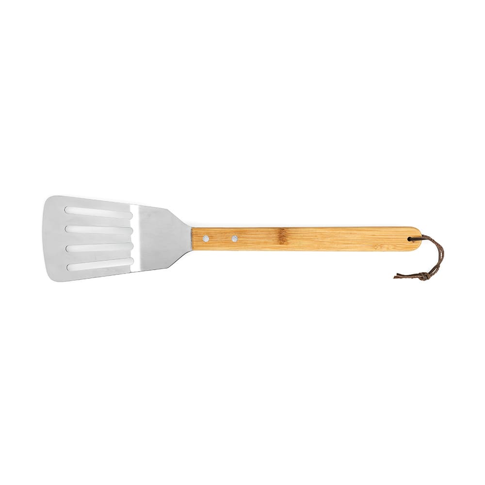 A stainless steel spatula with a bamboo handle and a hanging loop for easy storage.