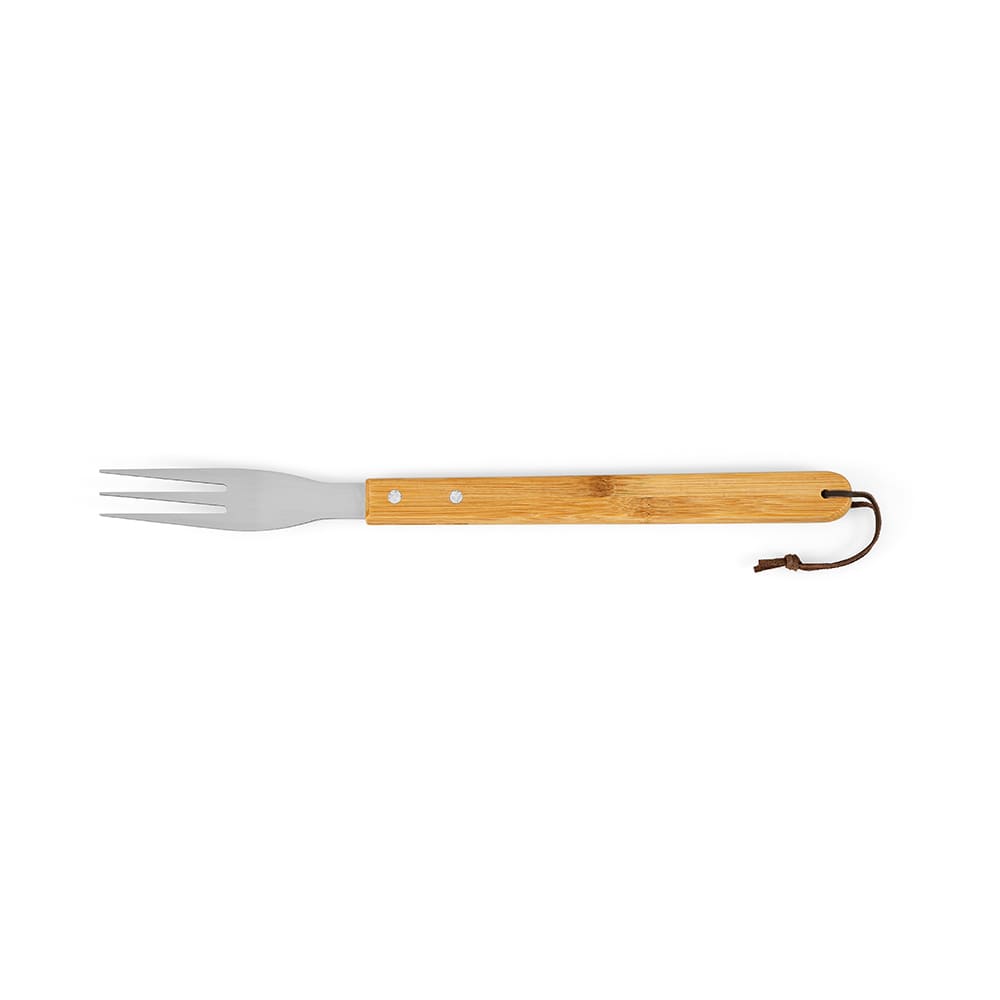 A bamboo-handled barbecue fork with a stainless steel pronged head. Features a hanging loop for storage.