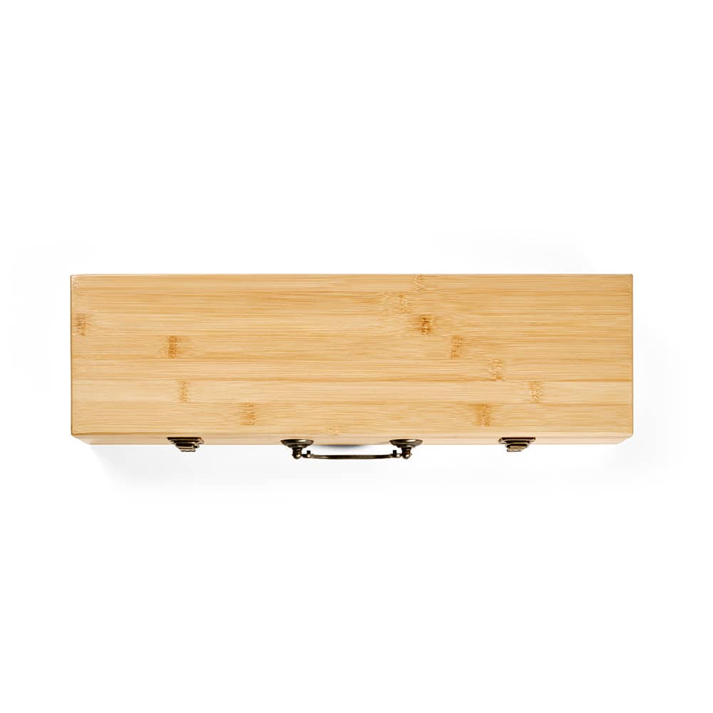 A bamboo barbecue set case featuring a clasp, designed to hold tongs, fork, and spatula.