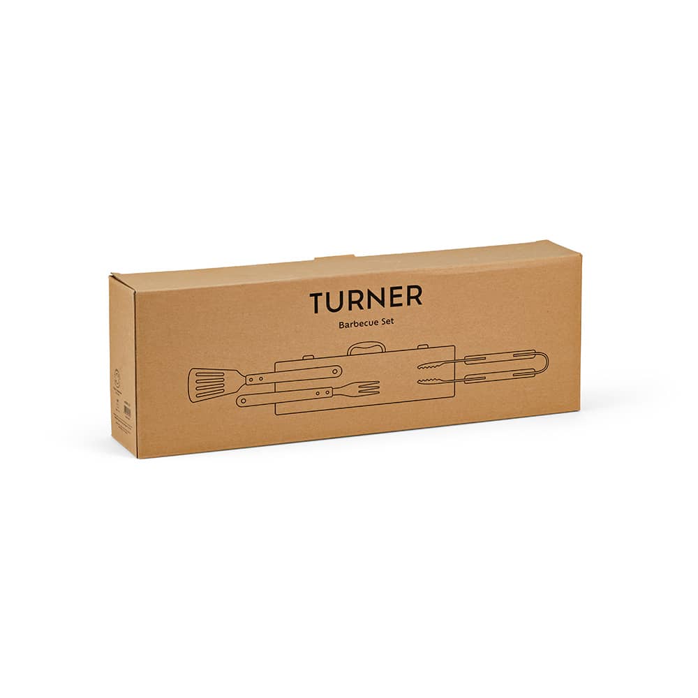 A barbecue set with a bamboo case, including tongs, a fork, and a spatula, featuring a logo.