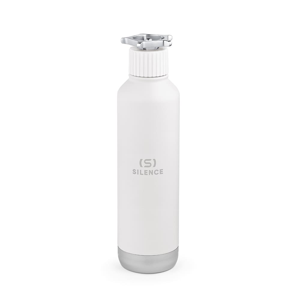 A drink bottle in white with a double wall, leak-proof design, and a wheel-shaped lid. Features a logo on the body.