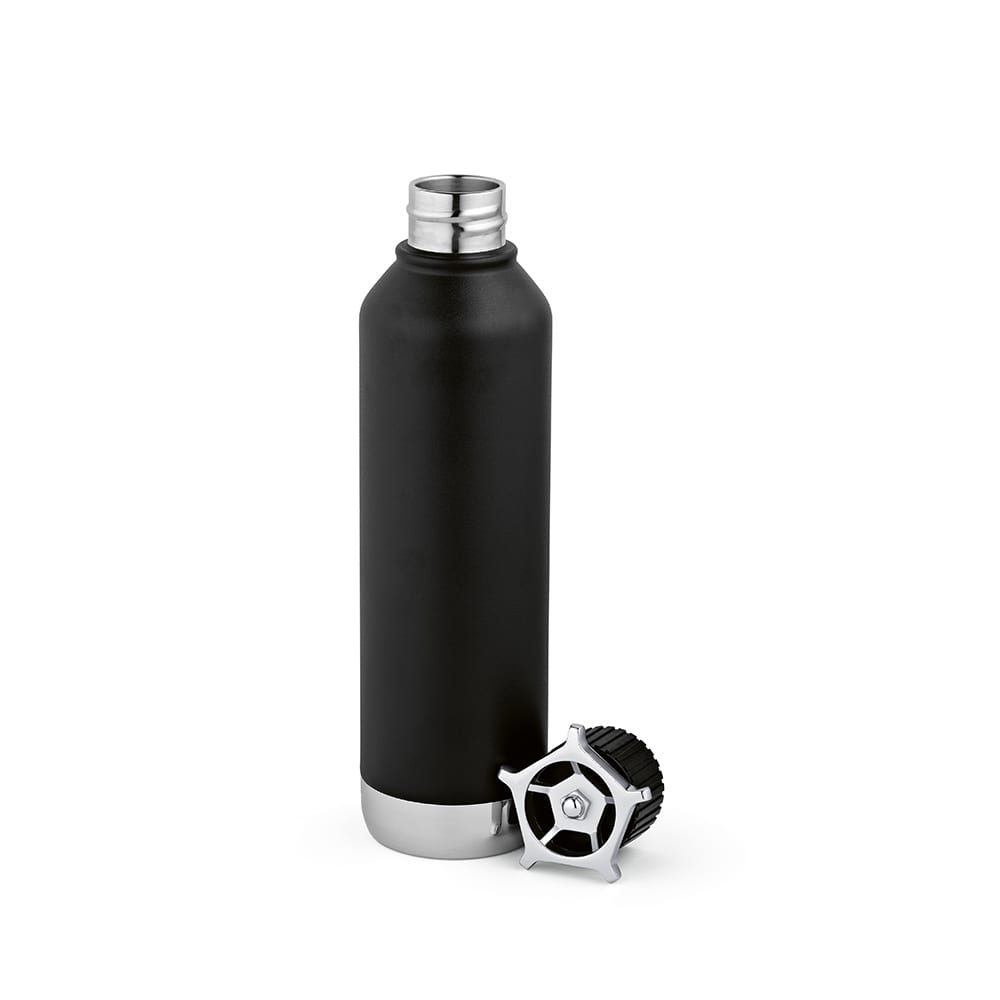 A drink bottle in matte black with a silver bottom and a wheel-shaped lid. Includes a logo on the bottle.
