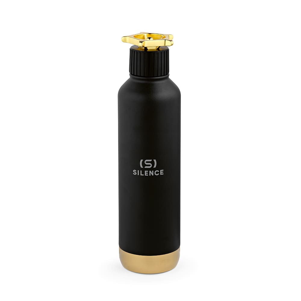 A drink bottle in matte black with a gold base and wheel-shaped lid, featuring a logo. Double wall and leakproof design.