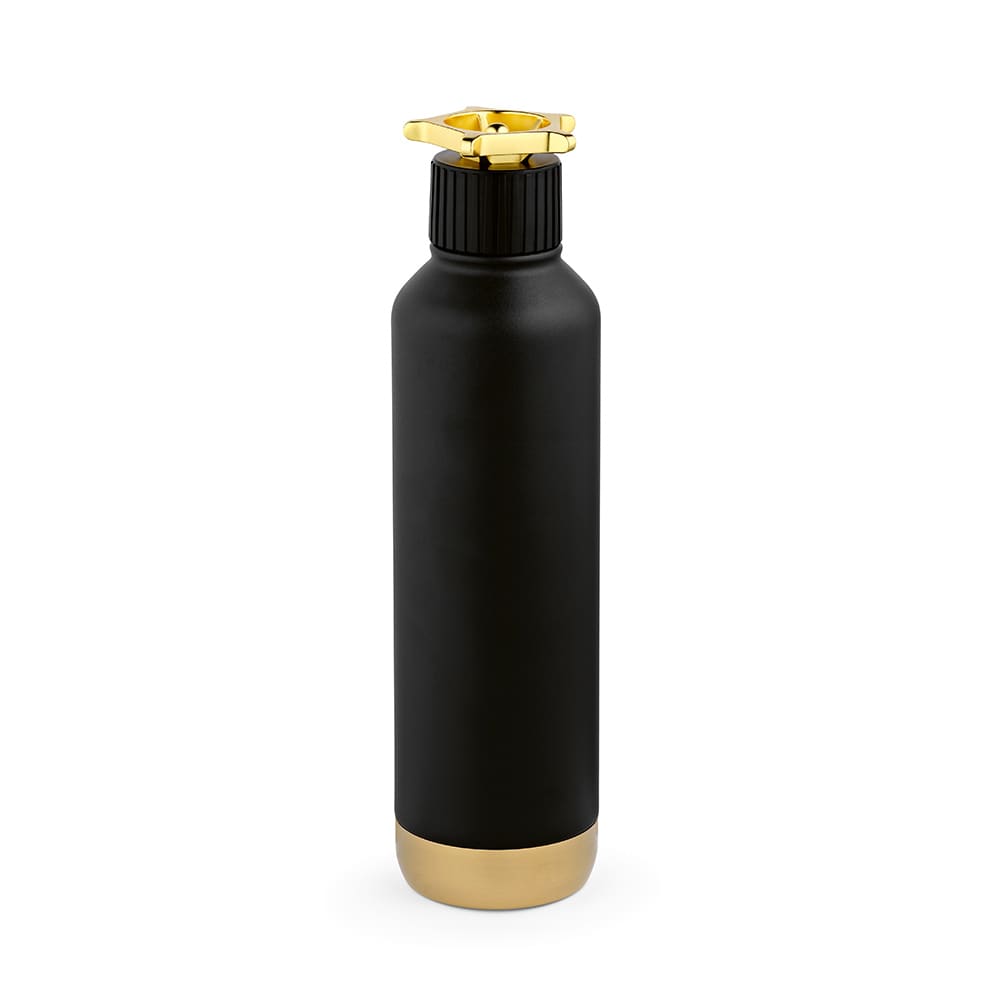 A drink bottle in matte black with a gold wheel-shaped lid, featuring a double wall and leakproof design.