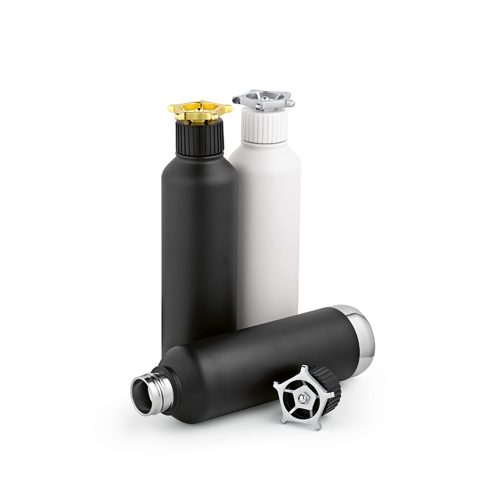 A drink bottle collection featuring two black bottles and one white bottle with wheel-shaped lids. Each bottle has a sleek design.