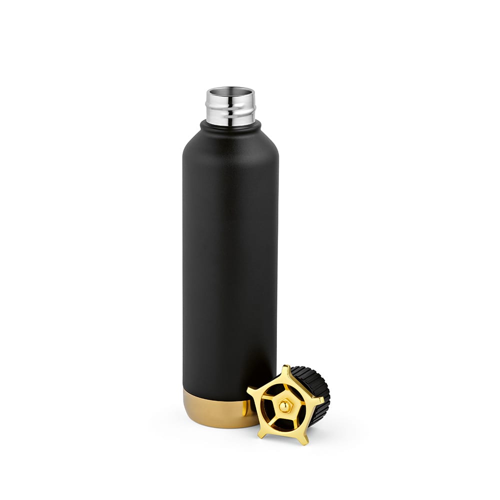 A drink bottle with a matte black body and gold accents. Features a wheel-shaped lid and double wall design.