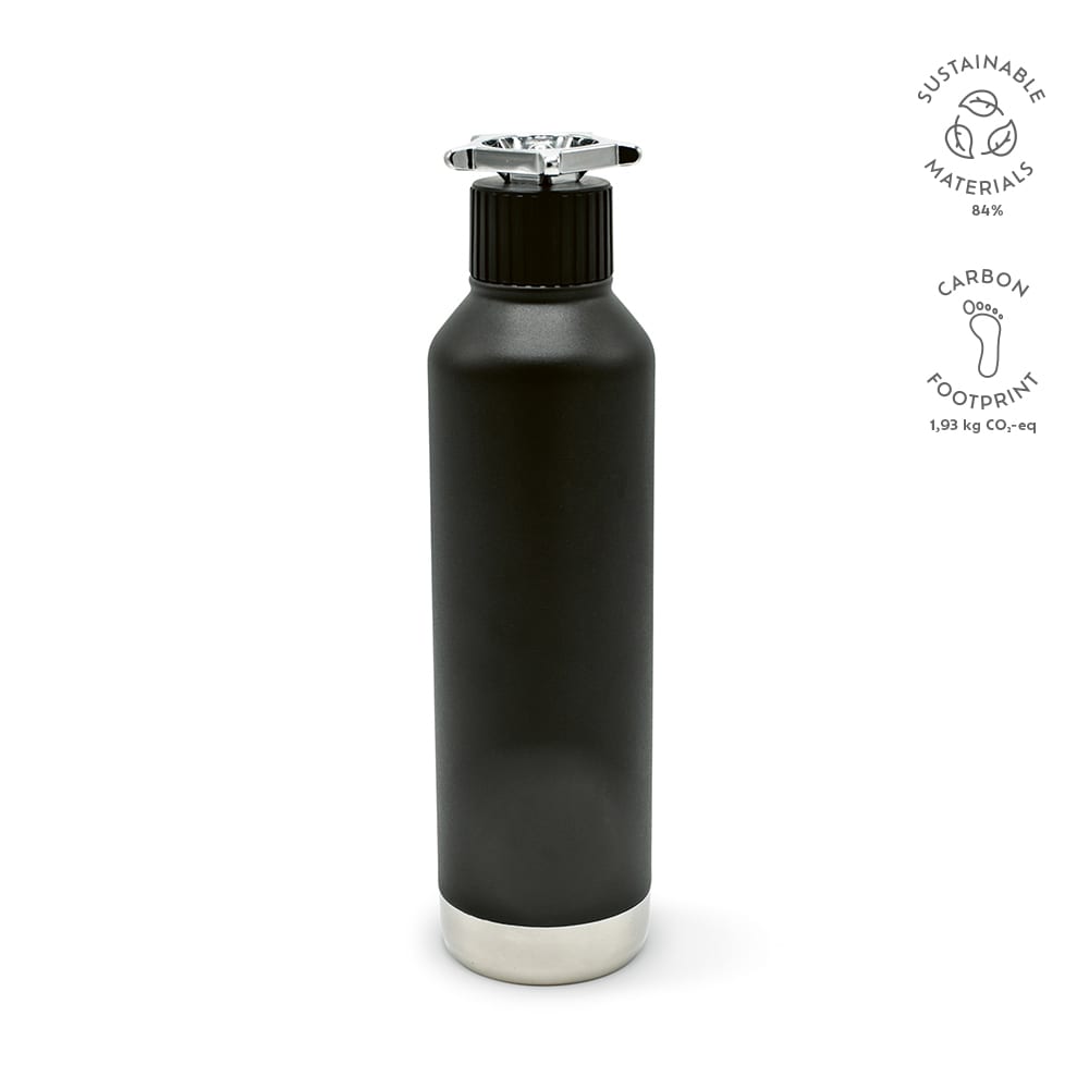 A drink bottle in matte black with a silver base, featuring a wheel-shaped lid and a branding logo.