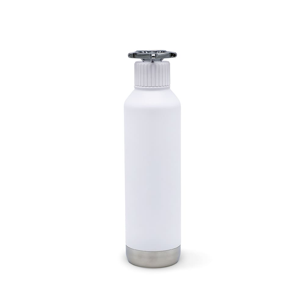 A drink bottle in white with a stainless steel base and a wheel-shaped lid. It features a logo on the body.