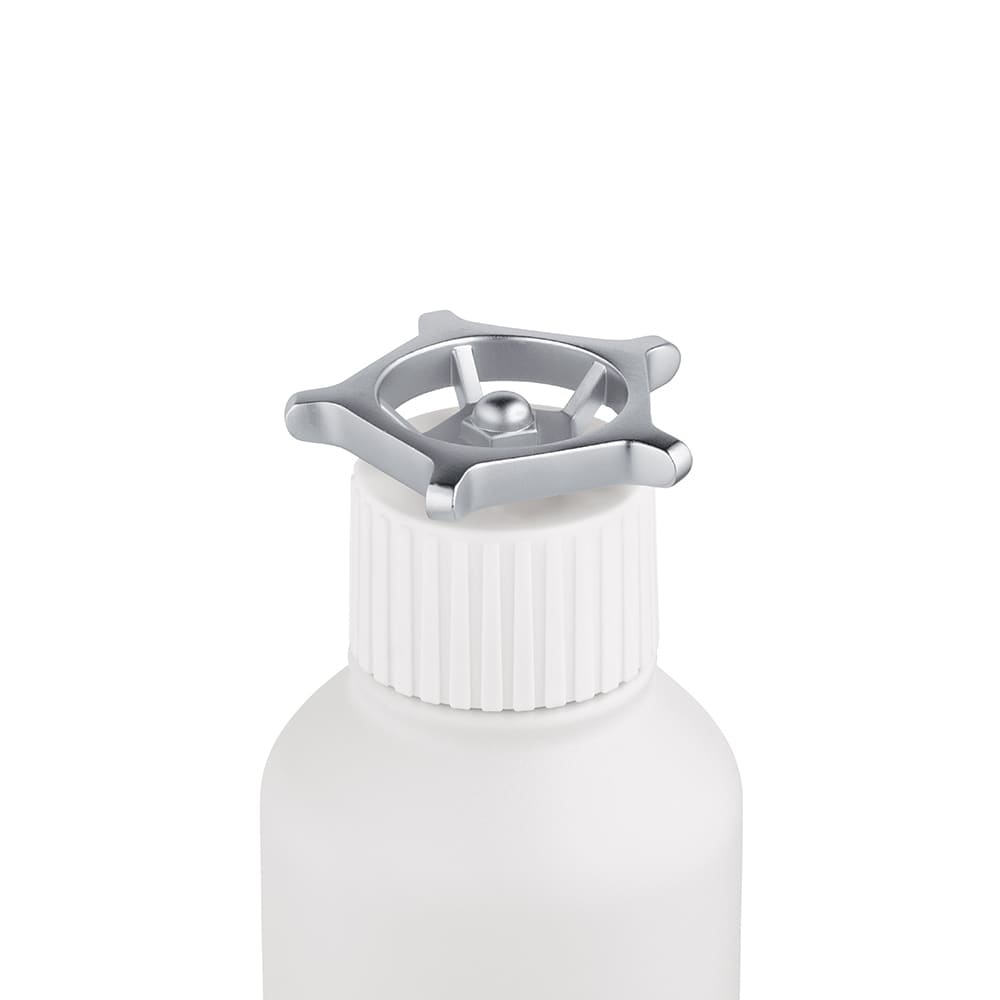 A drink bottle with a white body and a silver, wheel-shaped lid. It features a ribbed design and has a logo.