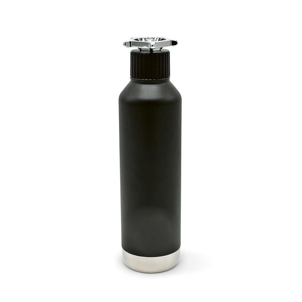 A drink bottle in matte black with a silver base and a wheel-shaped lid, featuring a logo. Double wall and leakproof.