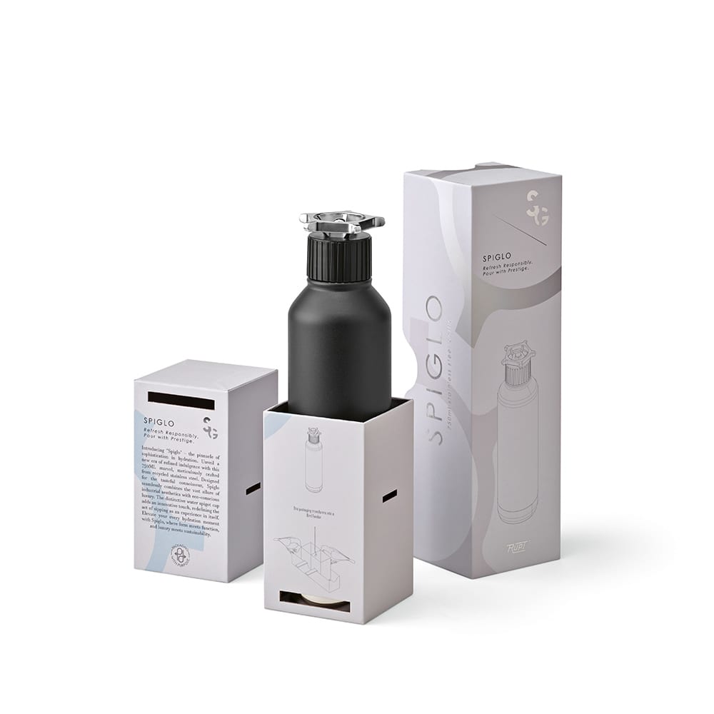 A drink bottle in matte black with a wheel-shaped lid, placed in a stylish box with branding and design elements.