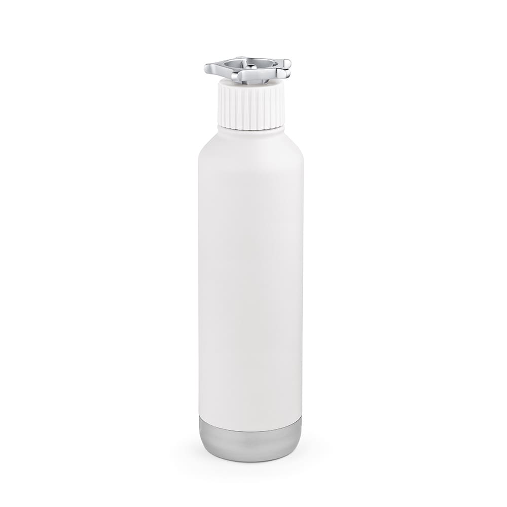 A drink bottle in white with a silver base, featuring a double wall, leakproof design, and a wheel-shaped lid.