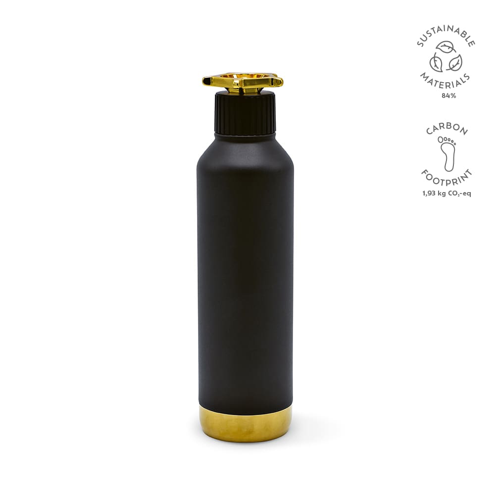 A drink bottle in matte black with a gold base and a wheel-shaped lid. Features a logo and sustainable materials.