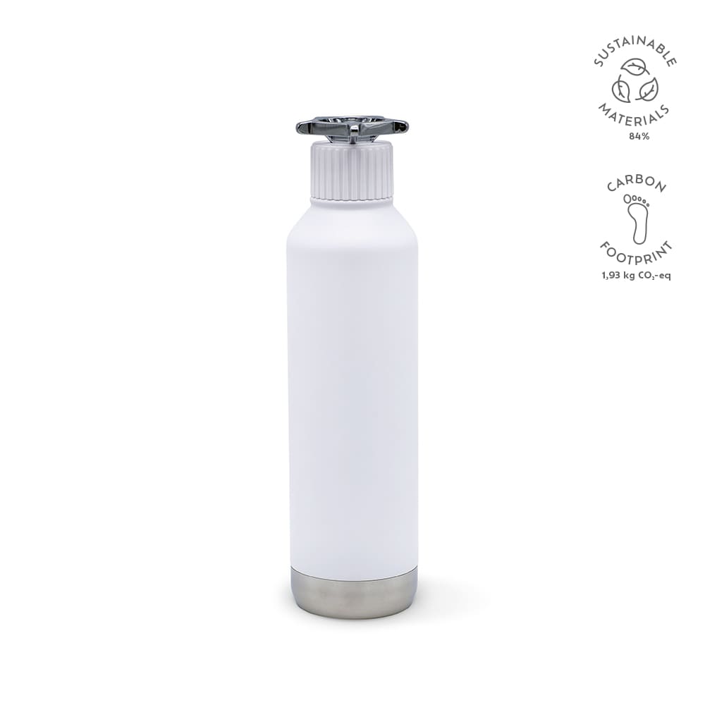 A drink bottle in white with a stainless steel base and a wheel-shaped lid. It features a logo and sustainable materials branding.