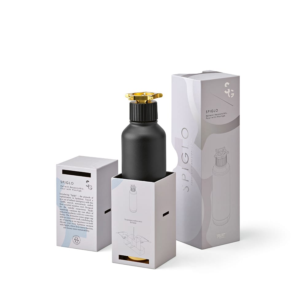 A drink bottle in matte black with a gold wheel-shaped lid, presented in a stylish box featuring a logo.