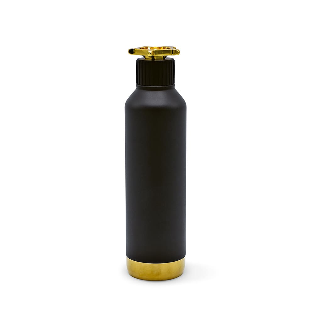 A drink bottle with a black body and a gold wheel-shaped lid, double-walled and leakproof. It has a logo.