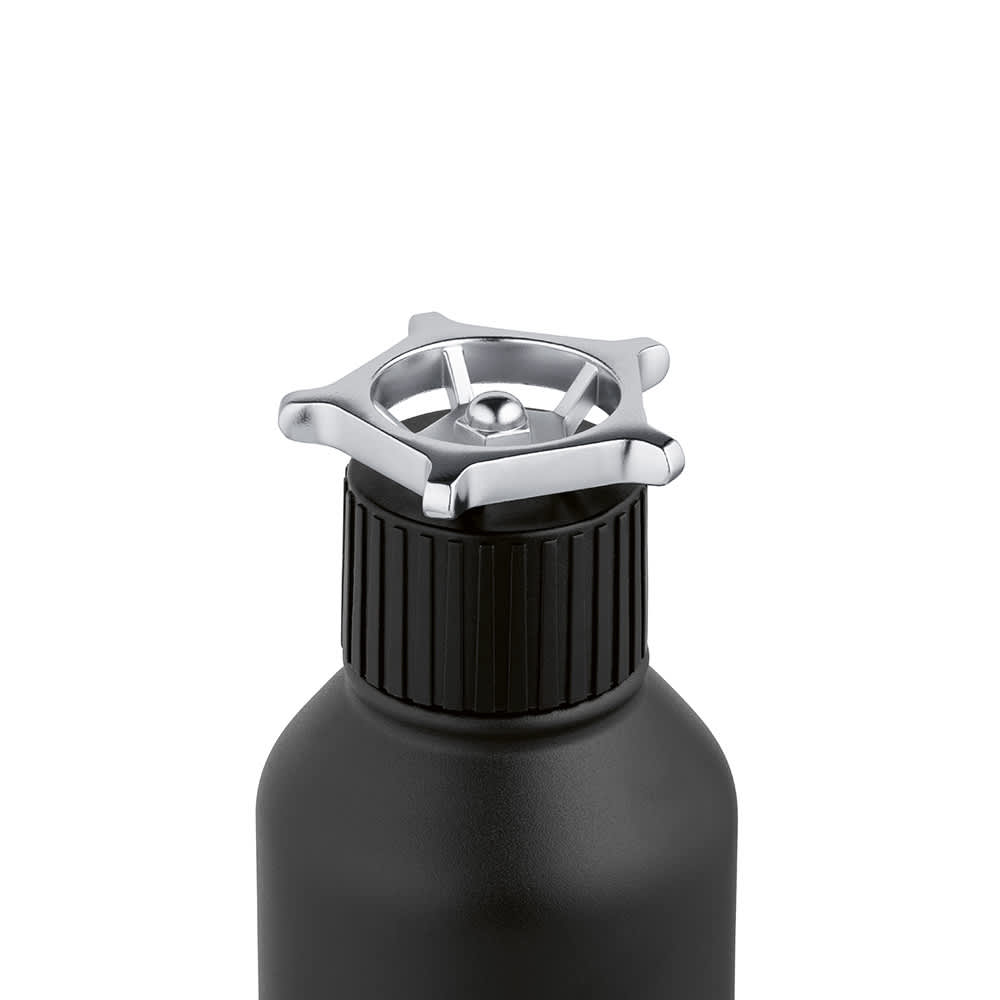 A drink bottle with a matte black finish and a chrome wheel-shaped lid, featuring a textured grip.