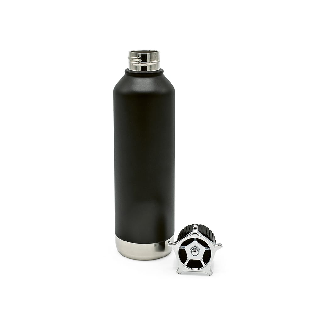 A drink bottle with a sleek black design, double wall, leakproof features, and a wheel-shaped silver lid.