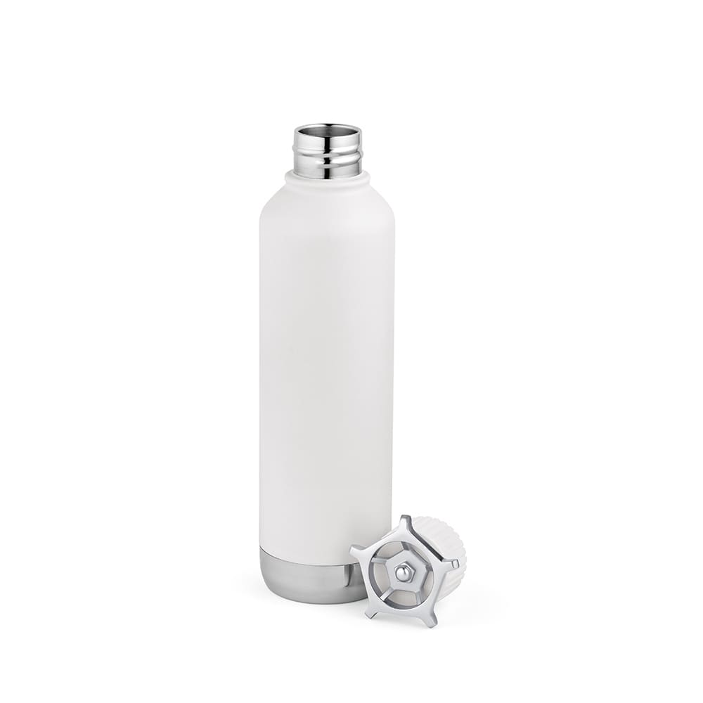 A drink bottle in white with a double wall, leakproof design, and a silver, wheel-shaped lid. Features a logo.
