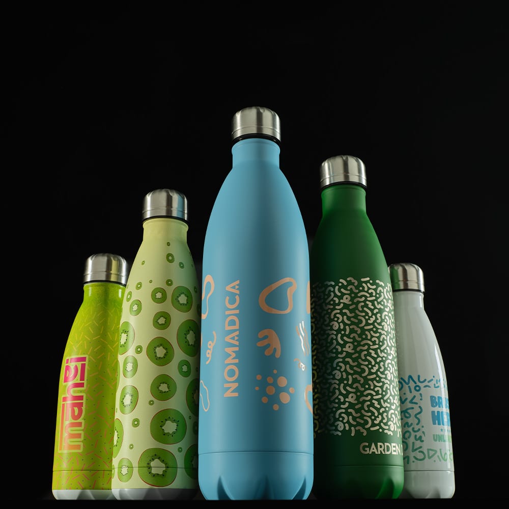 A drink bottle collection featuring various colours including green, blue, and white, with unique patterns and branding.