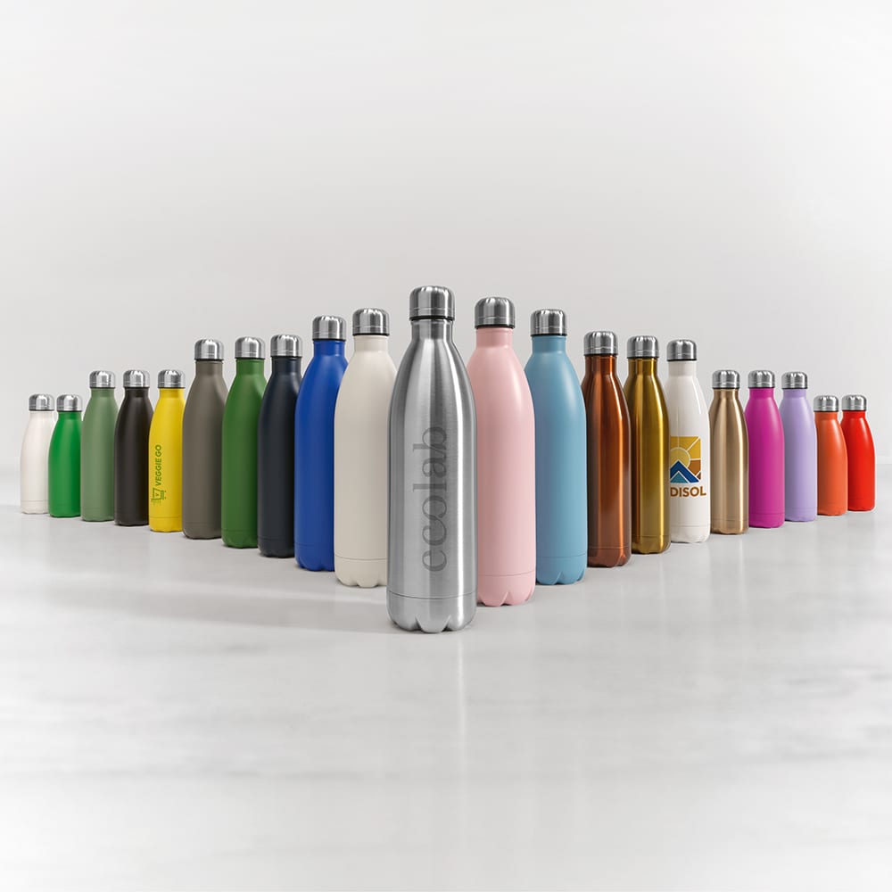 A drink bottle display featuring various colours including silver, green, yellow, pink, and blue, with branding on some bottles.
