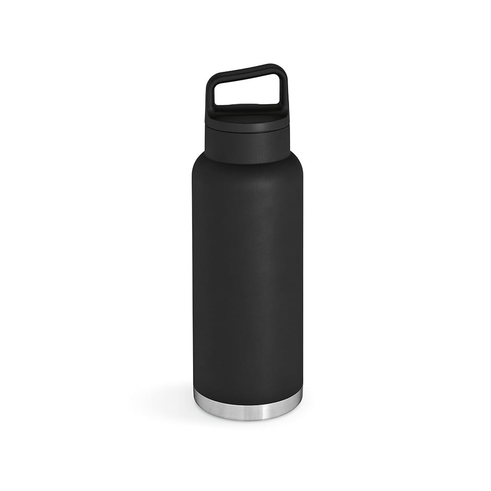 A drink bottle in black with a silver base, featuring a double wall, leakproof design, and a handle.
