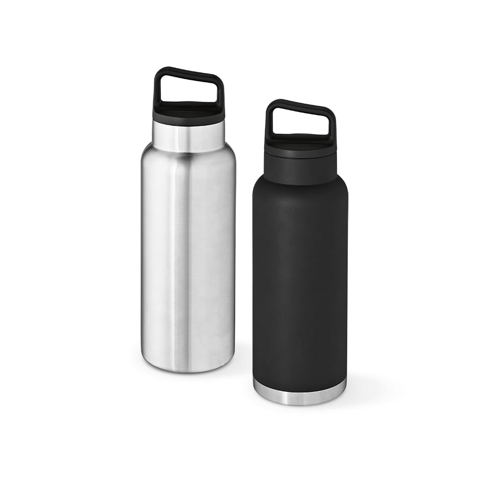 A drink bottle set featuring a stainless steel and a black matte finish, both with double walls, leakproof design, and handles.