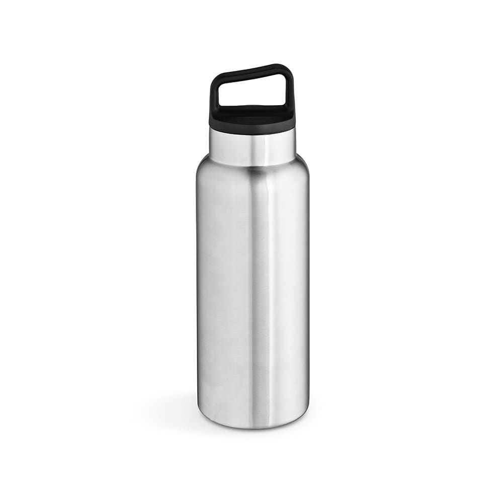 A drink bottle in stainless steel with a black handle and a leakproof double wall design. Features a logo.