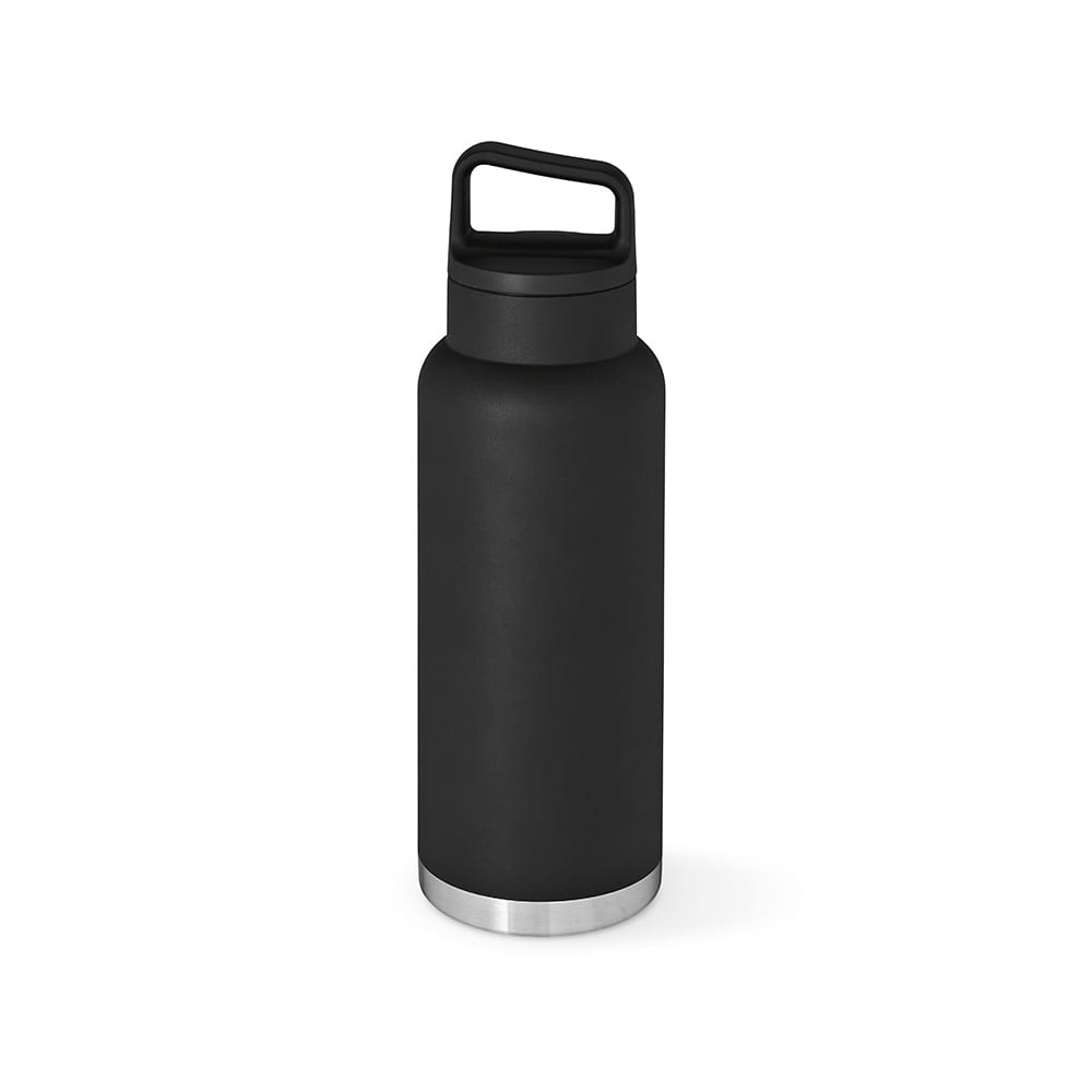 A drink bottle in matte black finish with a stainless steel base, double wall, leakproof design, and a handle.