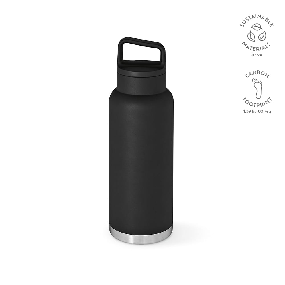 A drink bottle with a sleek black finish, double wall design, leakproof feature, and a handle. It includes a logo.