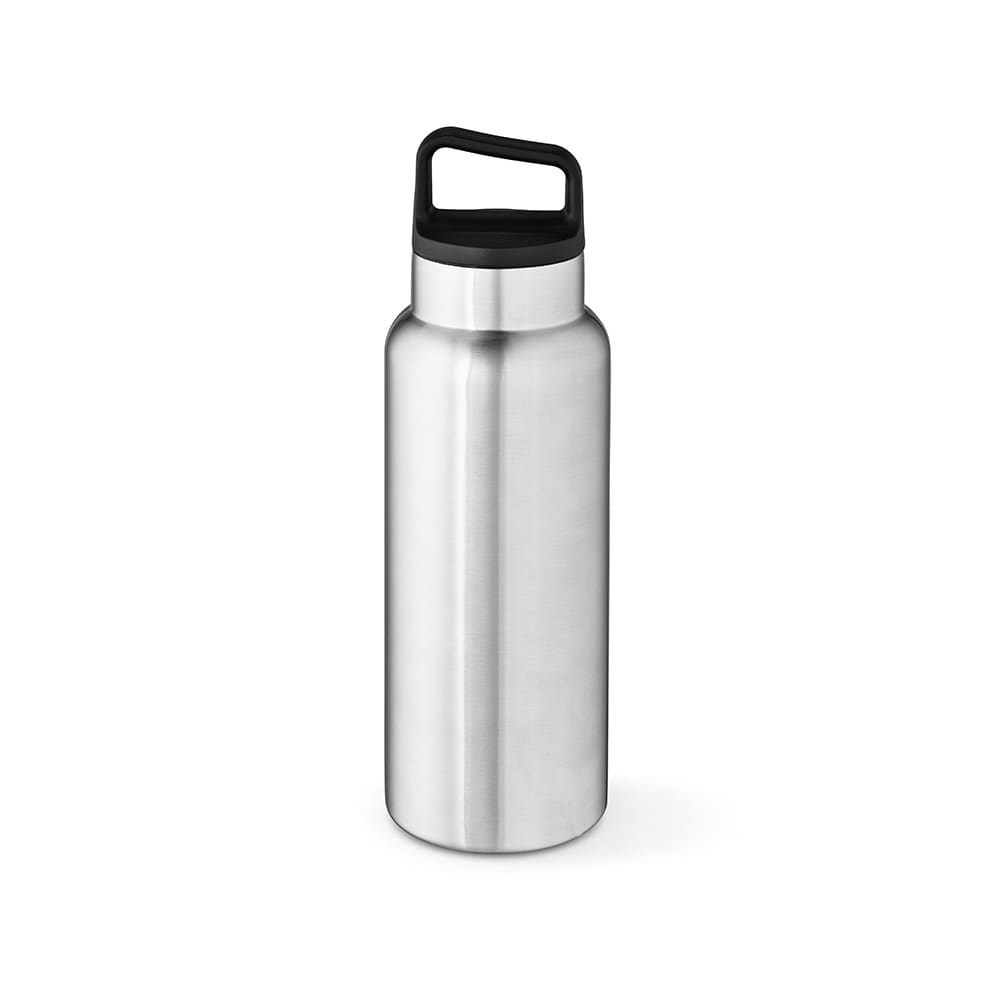 A drink bottle in stainless steel with a black lid and handle, featuring a sleek design and double wall for insulation.