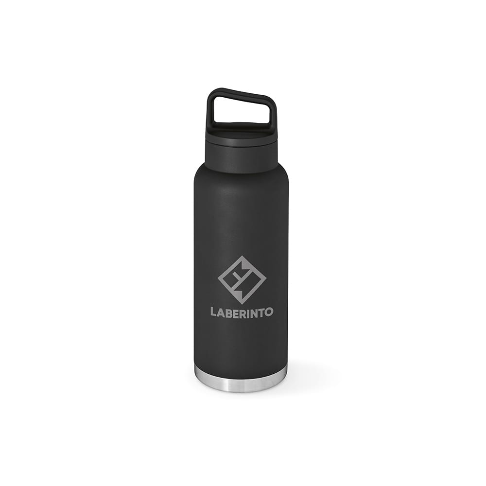A drink bottle in black with a silver base and a handle, featuring a logo on the front.