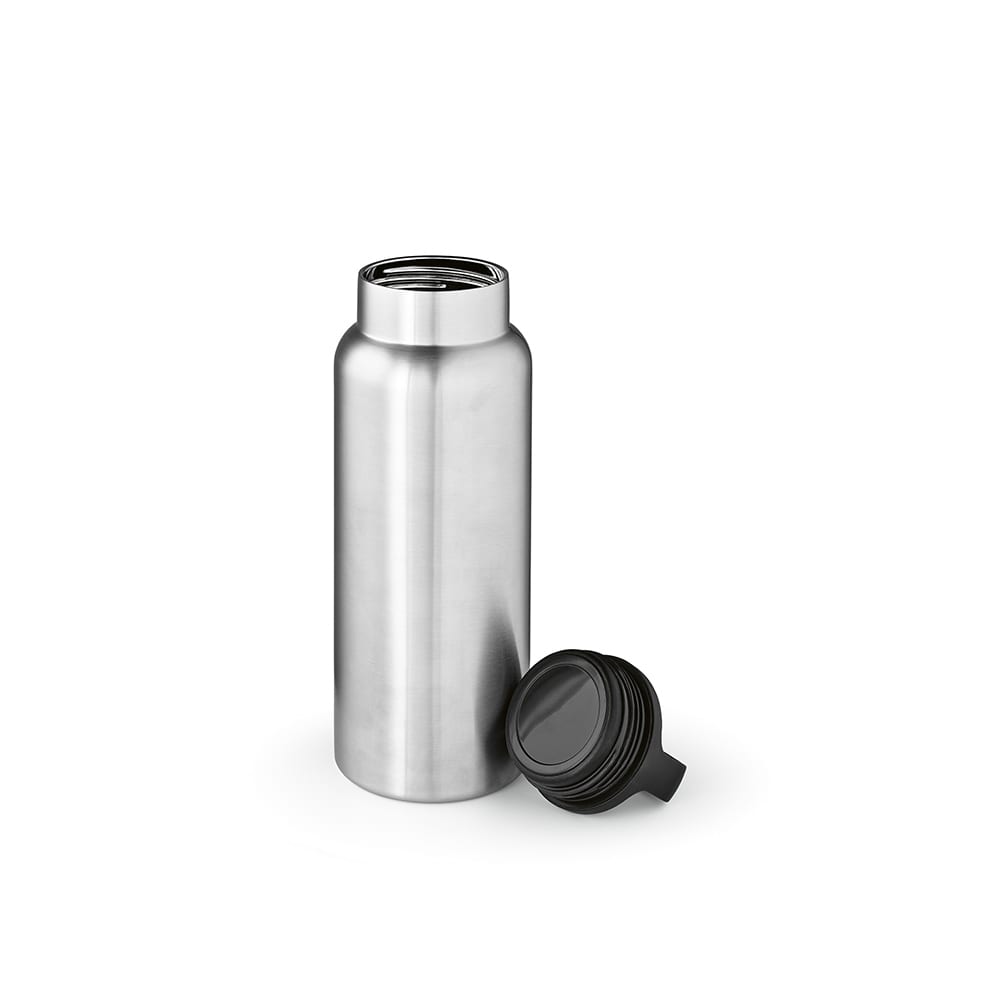 A drink bottle in metallic silver, featuring a double wall, leakproof design, and a black handle cap.