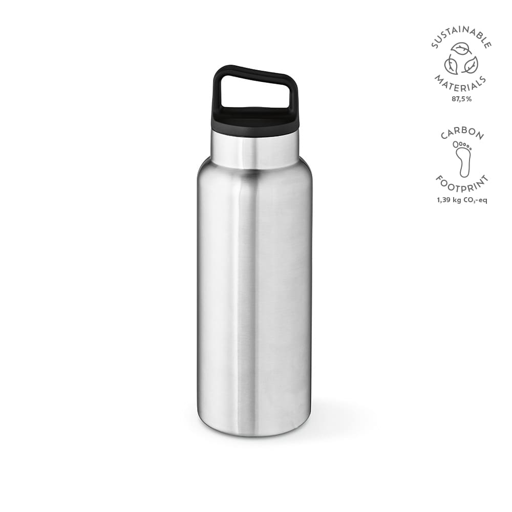 A drink bottle in stainless steel with a black handle, featuring a sleek, double wall, and a leakproof design.