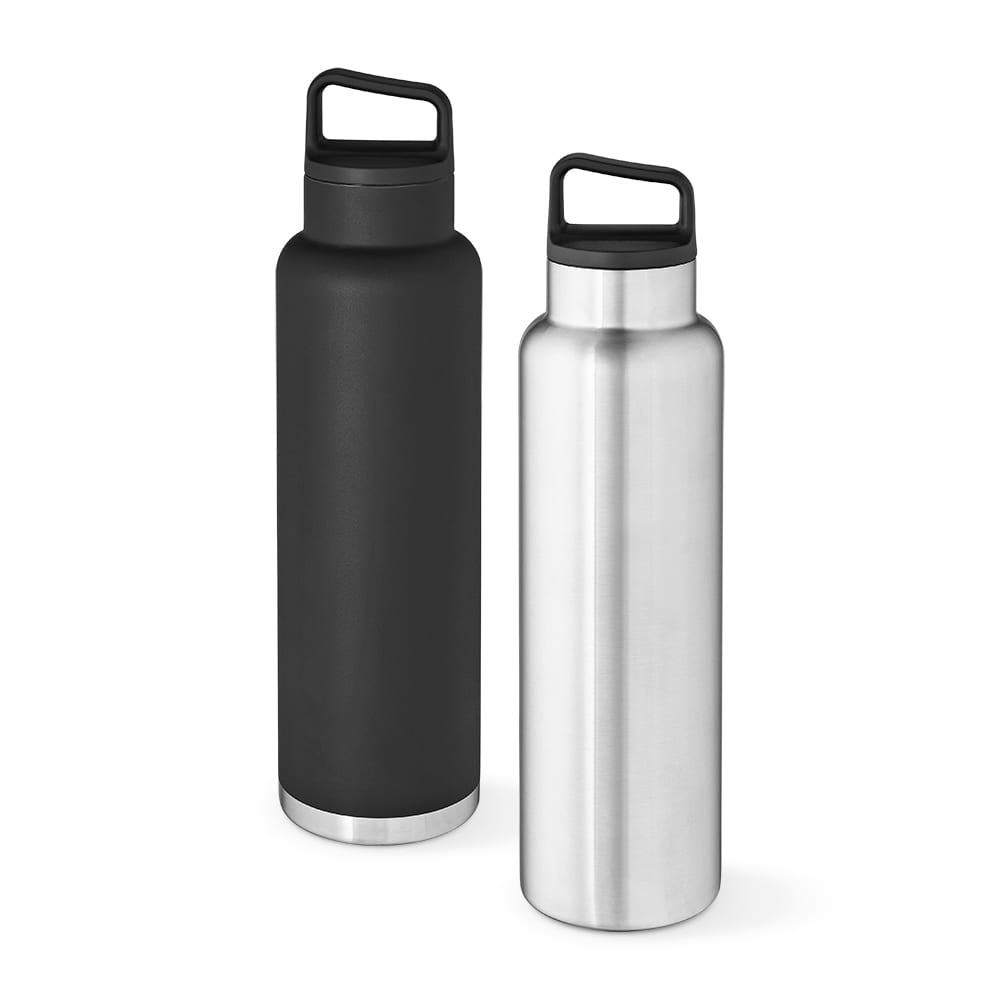 A drink bottle in matte black and shiny silver. Features double wall, leakproof design, and a handle.
