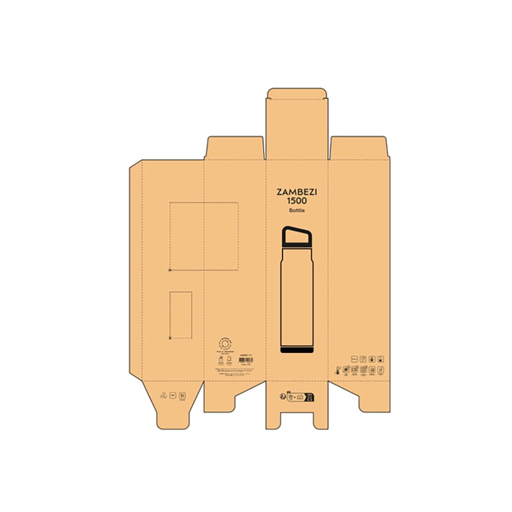 A drink bottle packaging design for the Zambezi 1500, featuring a double wall, leakproof structure, and handle.