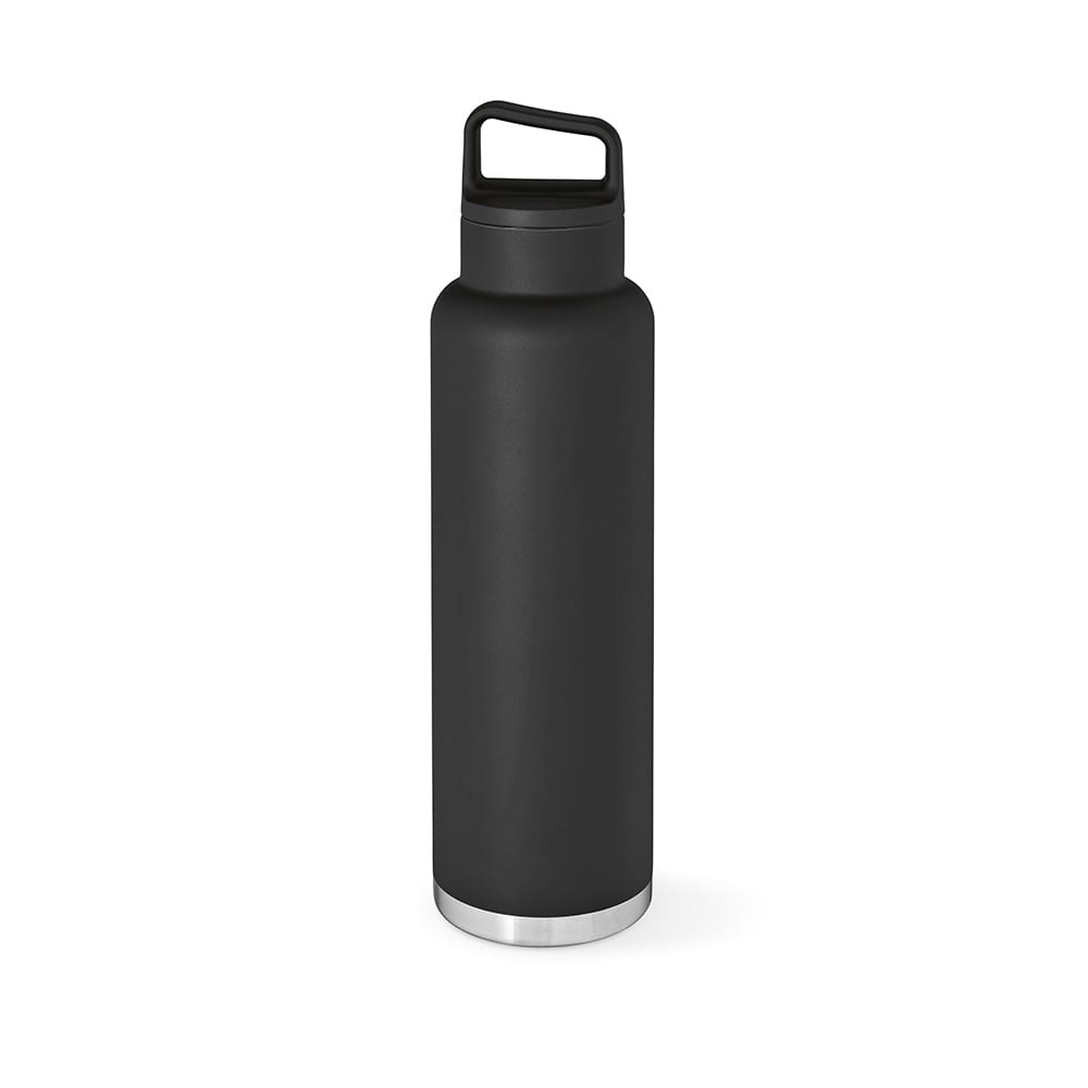 A drink bottle featuring a matte black finish, double wall, a leakproof design, and a convenient handle.