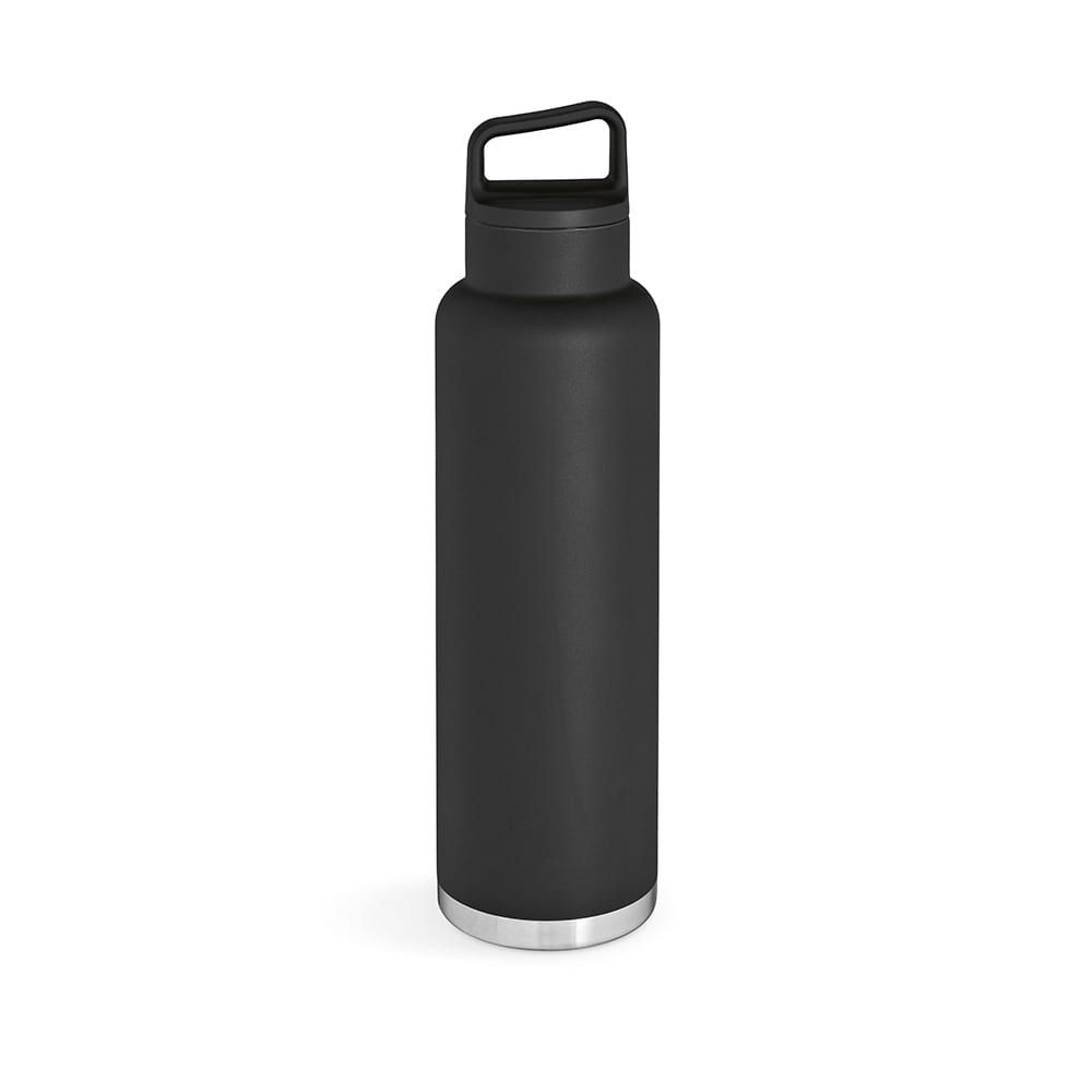 A drink bottle in matte black with a stainless steel base, double wall, leakproof design, and a handle.