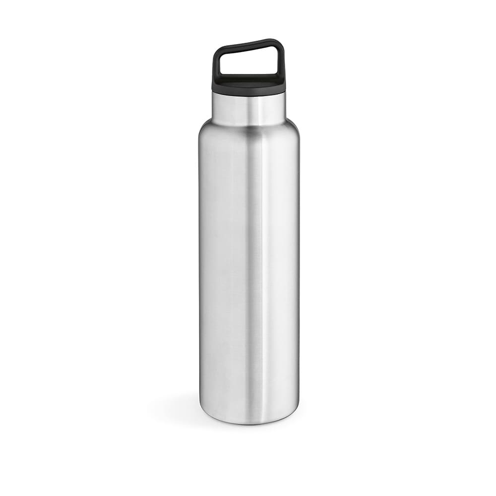 A drink bottle in stainless steel with a double wall, leakproof design, and a black handle.