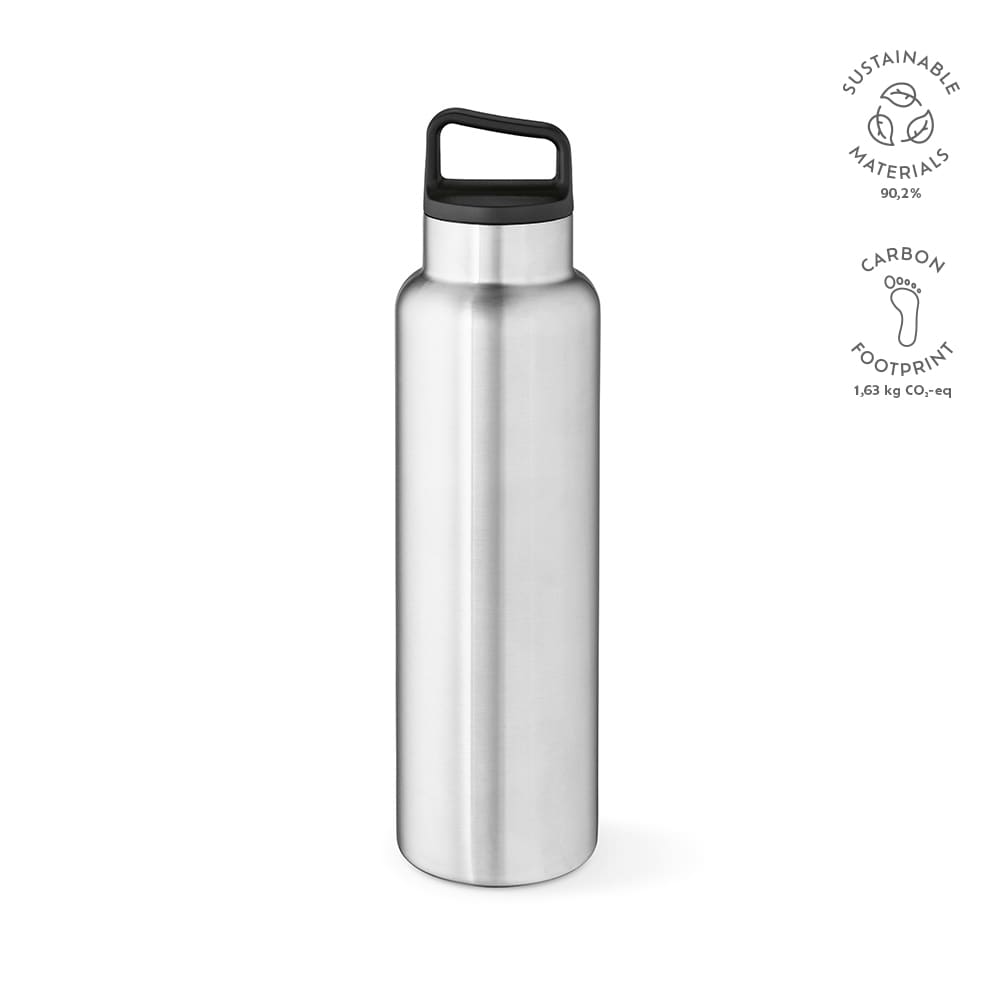 A drink bottle made of stainless steel, featuring a black handle and a leakproof design. Includes a logo.