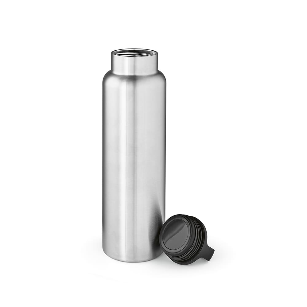 A stainless steel drink bottle with a black lid, double wall design, and a leakproof handle.