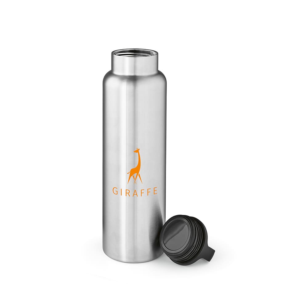 A drink bottle with a stainless steel finish, featuring a removable black leakproof lid and a logo.