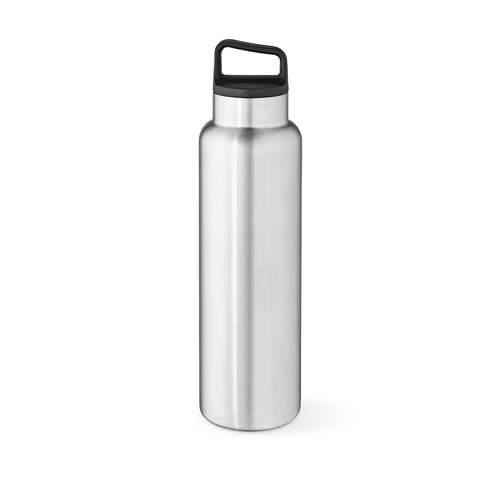 A drink bottle in silver, featuring a double wall, leakproof design, and a handle. It has a branding logo.